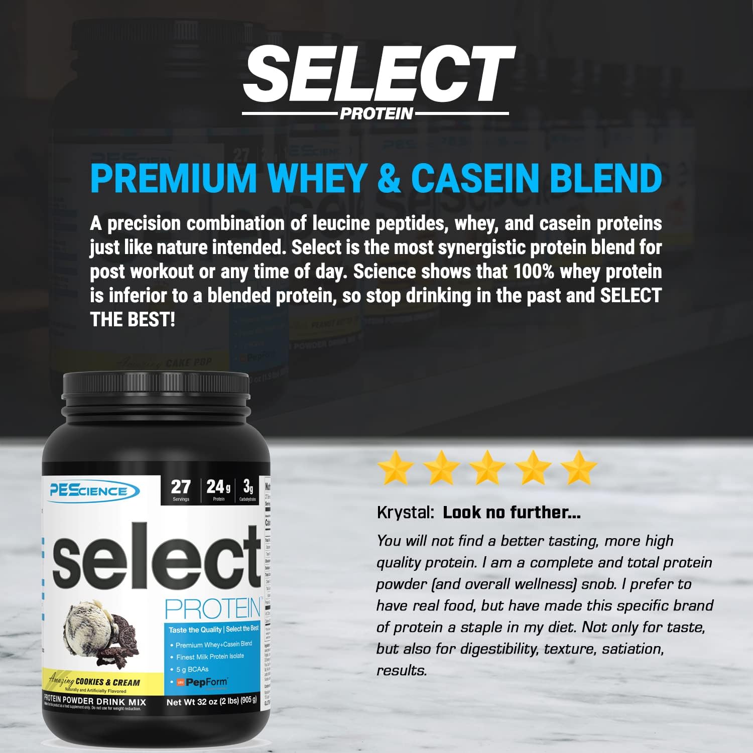 PEScience Select Cookies and Cream Low Carb Protein Powder - Keto Friendly & Gluten Free - 27 Servings