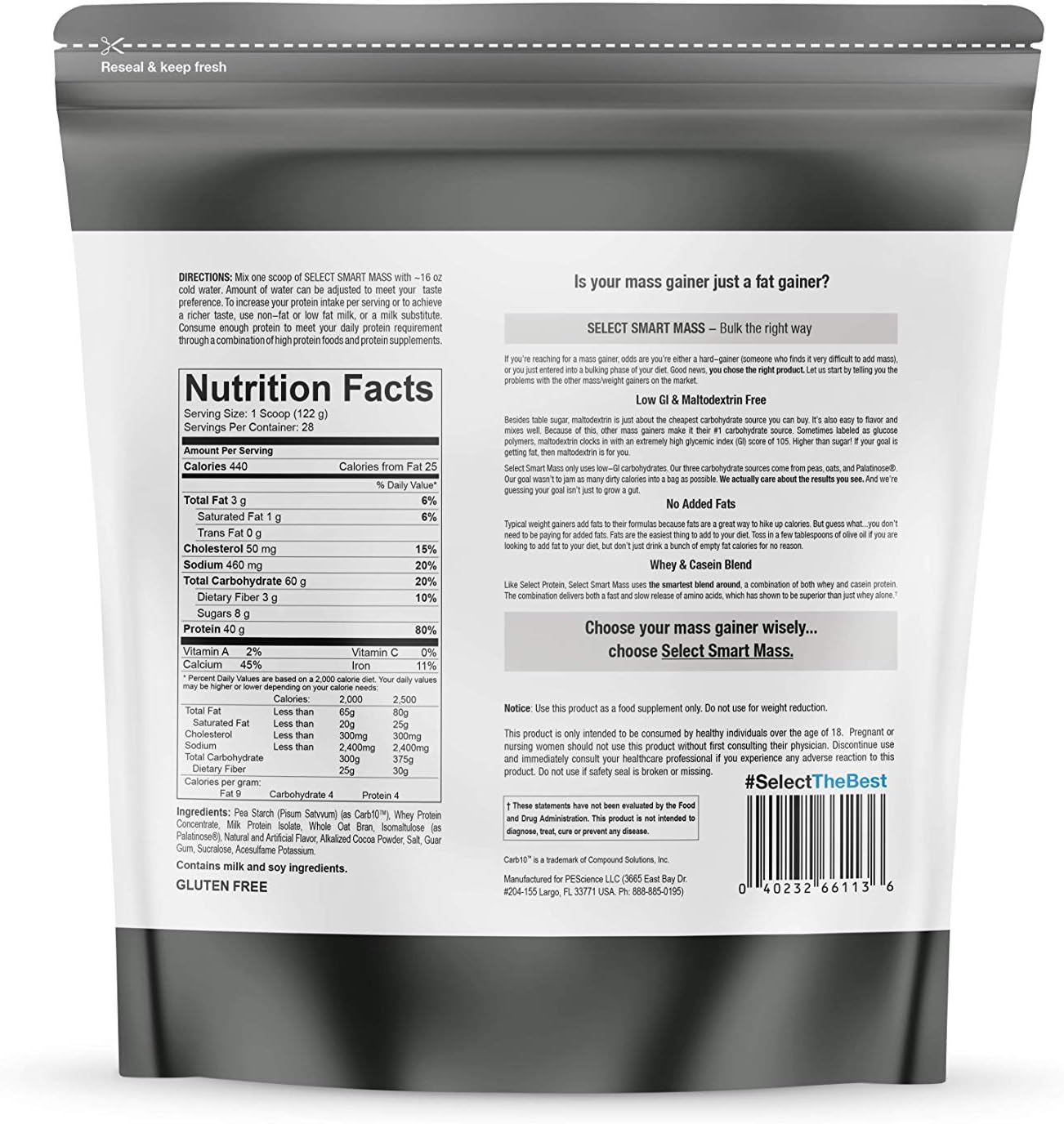 PEScience Select Smart Mass Protein Powder Supplement, Gourmet Chocolate Flavor, 28 Servings, Clean Mass Gainer, 3.25kg