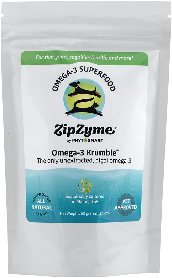 Pet Health Booster: ZipZyme™ Omega-3 KRUMBLE (60g) with Phospholipid DHA for Joints, Skin, Heart, and Immune System. Made in Maine, USA.