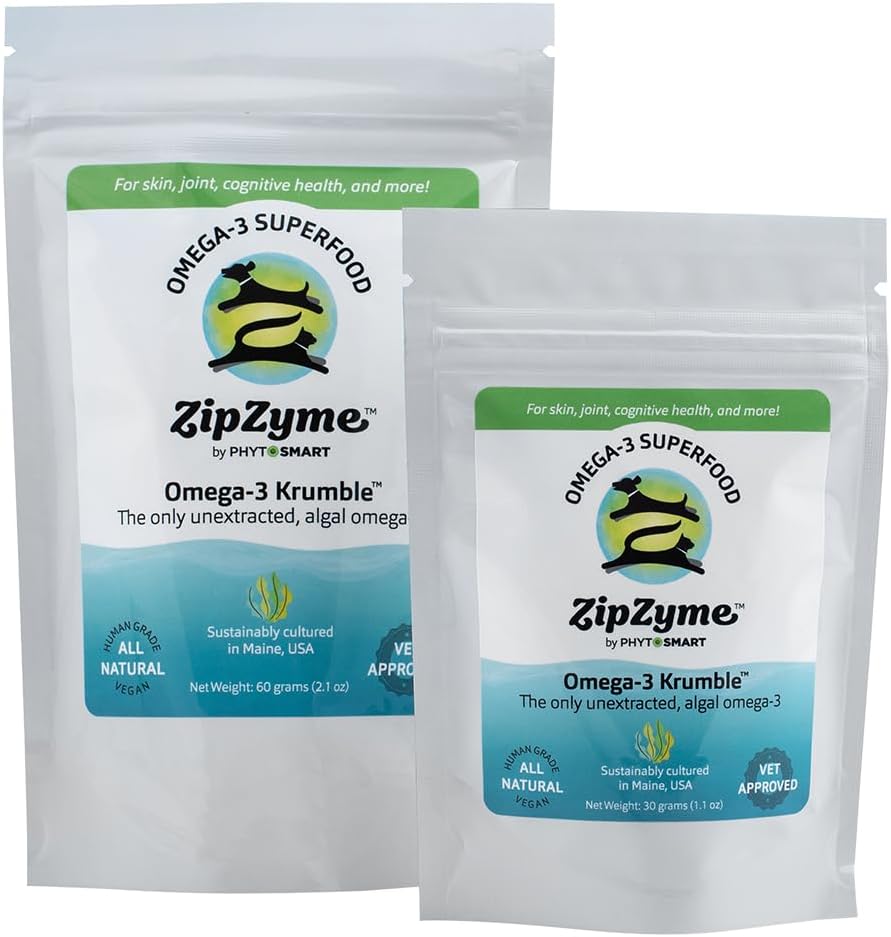 Pet Health Booster: ZipZyme™ Omega-3 KRUMBLE (60g) with Phospholipid DHA for Joints, Skin, Heart, and Immune System. Made in Maine, USA.