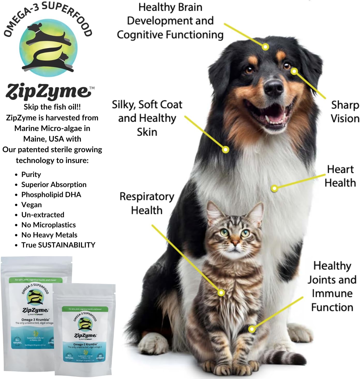 Pet Health Booster: ZipZyme™ Omega-3 KRUMBLE (60g) with Phospholipid DHA for Joints, Skin, Heart, and Immune System. Made in Maine, USA.