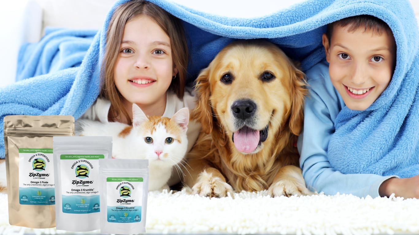 Pet Health Booster: ZipZyme™ Omega-3 KRUMBLE (60g) with Phospholipid DHA for Joints, Skin, Heart, and Immune System. Made in Maine, USA.