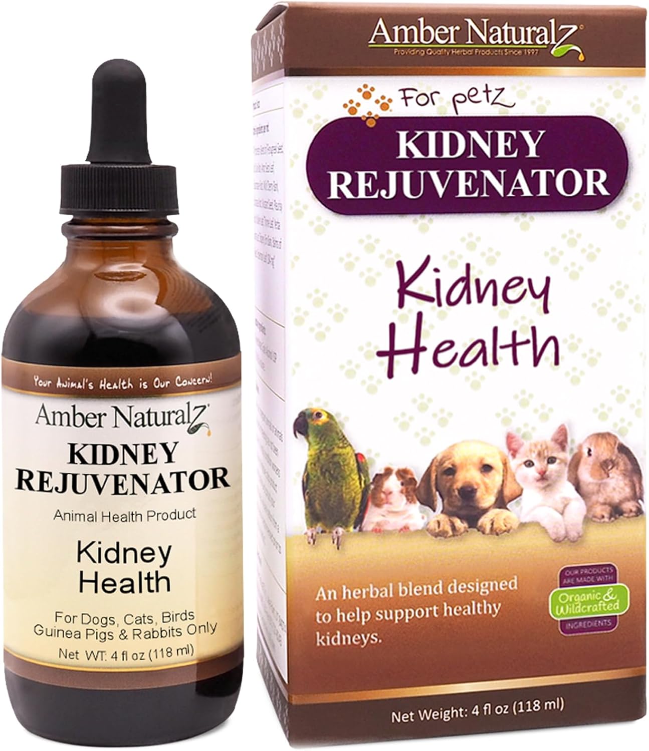 Pet Herbal Blend for Kidney Support | Kidney Rejuvenator Herbal Supplement for Dogs, Cats, Birds, Guinea Pigs, and Rabbits | 4oz Glass Bottle | Made in USA