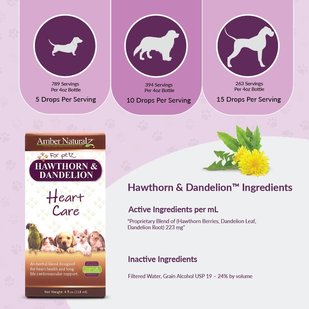 Pet Herbal Supplement for Heart Care - Amber NaturalZ Hawthorn and Dandelion | 4 oz Bottle | Made in USA