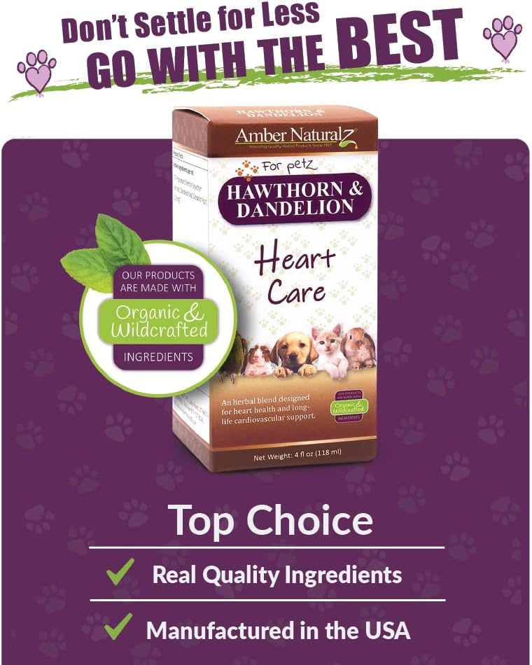 Pet Herbal Supplement for Heart Care - Amber NaturalZ Hawthorn and Dandelion | 4 oz Bottle | Made in USA