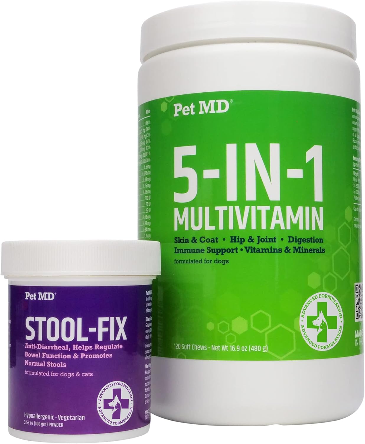 Pet MD Stool Fix & 5-in-1 Multivitamin Chews for Pets - Digestive Health Support & Daily Nutrients