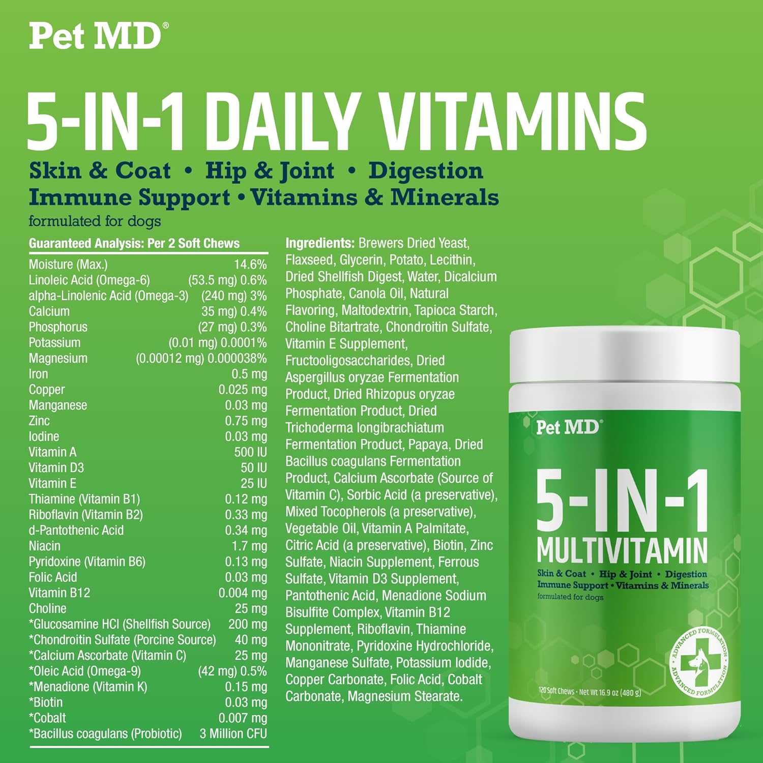 Pet MD Stool Fix & 5-in-1 Multivitamin Chews for Pets - Digestive Health Support & Daily Nutrients