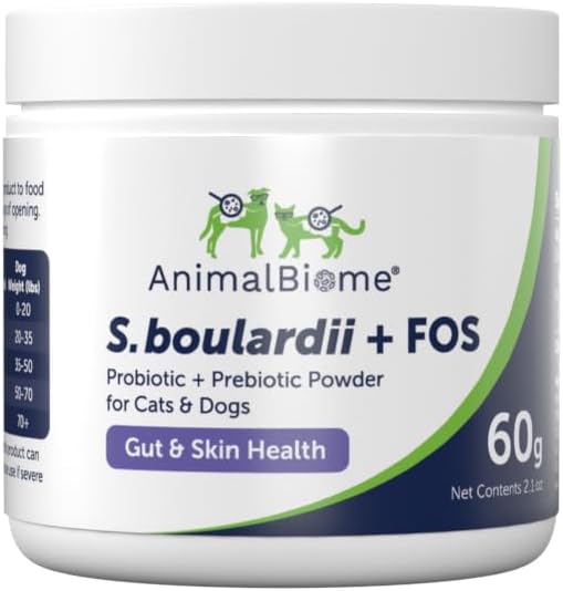 Pet Probiotic Powder for Dogs and Cats - AnimalBiome S. boulardii + FOS Probiotic and Prebiotic Formula 60g