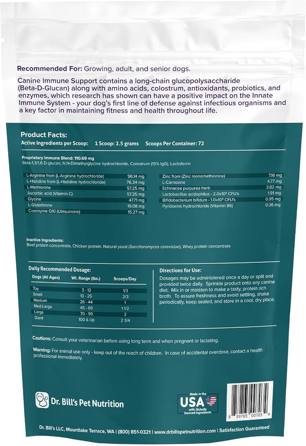 Pet Supplement: Dr. Bill’s Canine Immune Support with Colostrum, Beta Glucan, Zinc, and Coenzyme Q-10 for Dogs