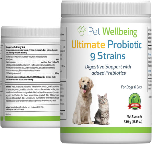 Pet Wellbeing Ultimate Probiotic Powder for Dogs & Cats - 9 Strains, 2.5 Billion CFU, Gut & Immune Support - 11.29 oz