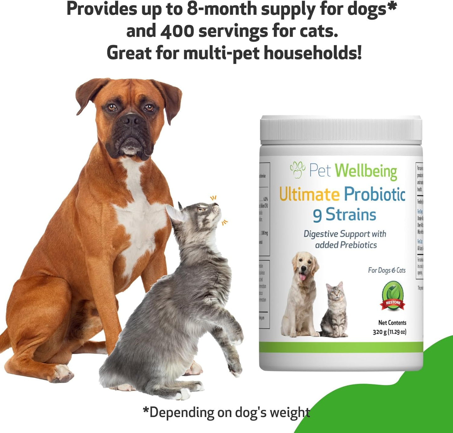 Pet Wellbeing Ultimate Probiotic Powder for Dogs & Cats - 9 Strains, 2.5 Billion CFU, Gut & Immune Support - 11.29 oz