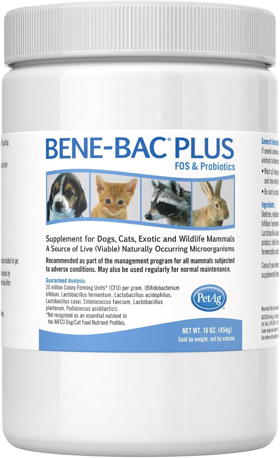 PetAg Bene-Bac Plus Powder - 1 lb with FOS & Probiotics for Dogs, Cats, Exotic & Wildlife Mammals