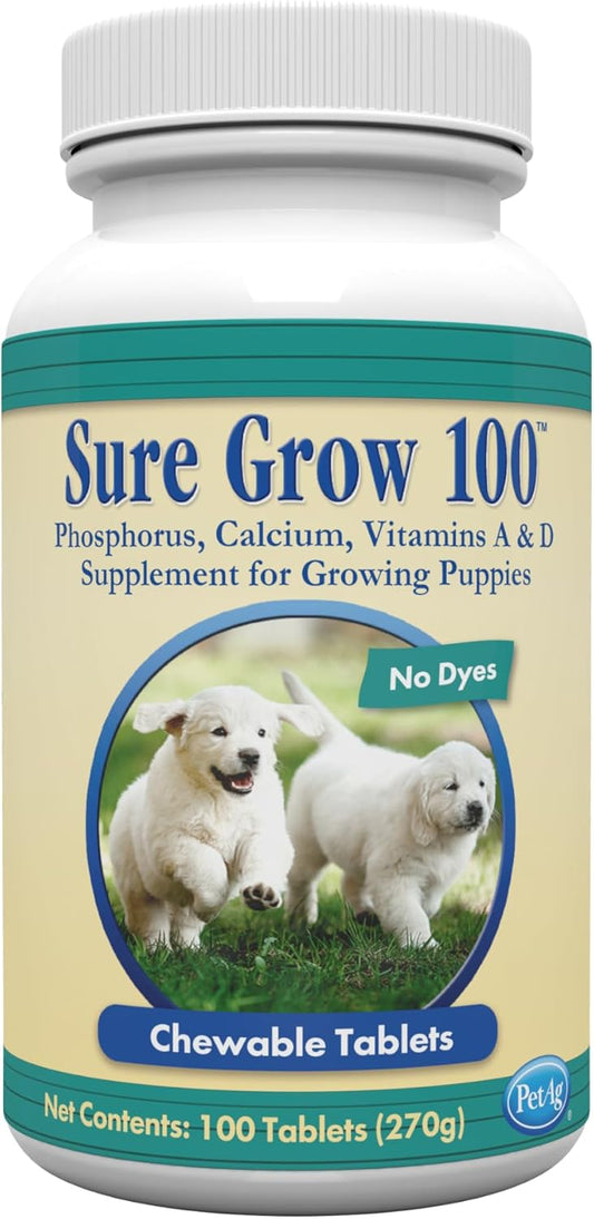 PetAg Sure Grow 100 Chewable Tablets for Puppies - Supports Bone Development with Calcium, Phosphorus, Vitamins A & D - 100 Count