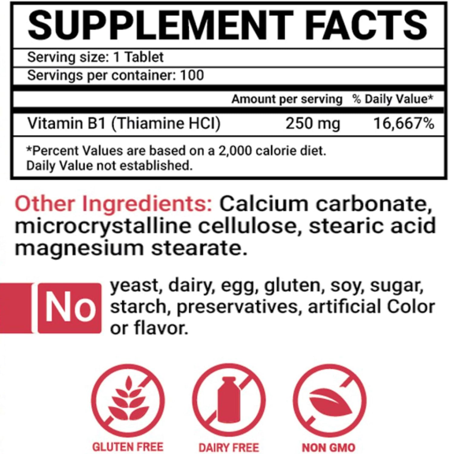 Peter's Choice B1 250 mg Tablets - 100 Count Dietary Supplement for Energy and Immune Support