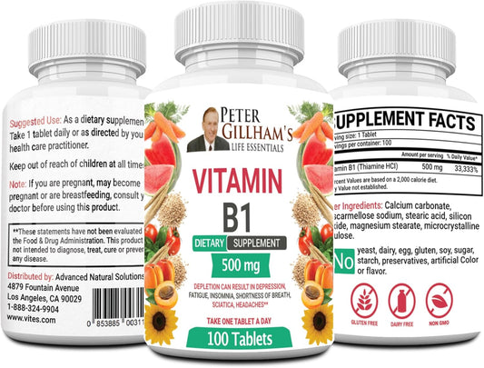 Peter's Choice B1 Tablets - High Potency Vitamin B1 500mg Supplement for Energy & Immune Support - 100 Tablets