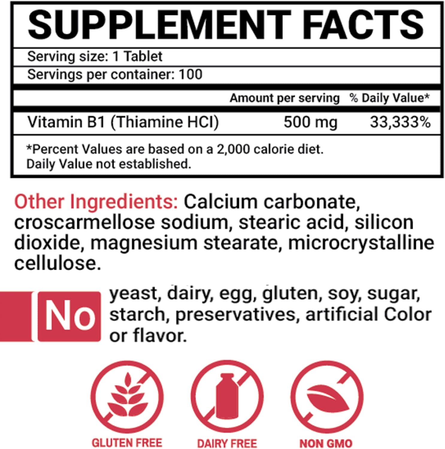 Peter's Choice B1 Tablets - High Potency Vitamin B1 500mg Supplement for Energy & Immune Support - 100 Tablets