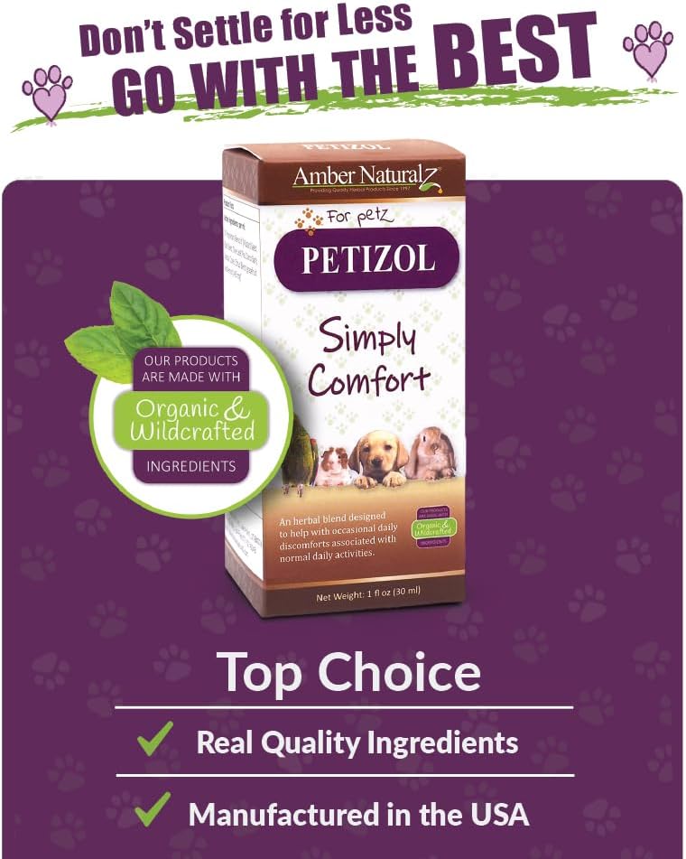 Petizol Simply Comfort Herbal Supplement for Pets | Supports Normal Body Temperature | 1 oz Glass Bottle | Made in USA | For Dogs, Birds, Rabbits