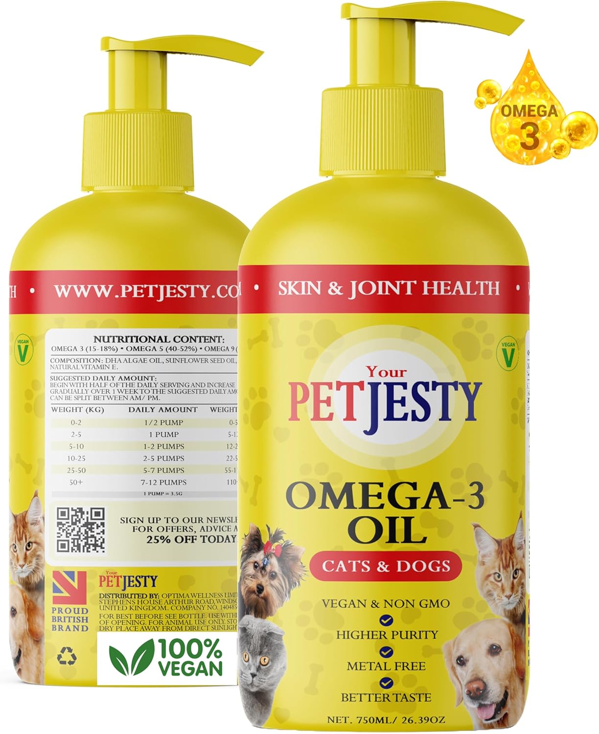 PetJesty Pure Omega 3 Oil for Dogs & Cats - Skin & Coat Support - Liquid Supplement - Vegan DHA for Joint, Immune, & Heart Health - Non Fish Oil