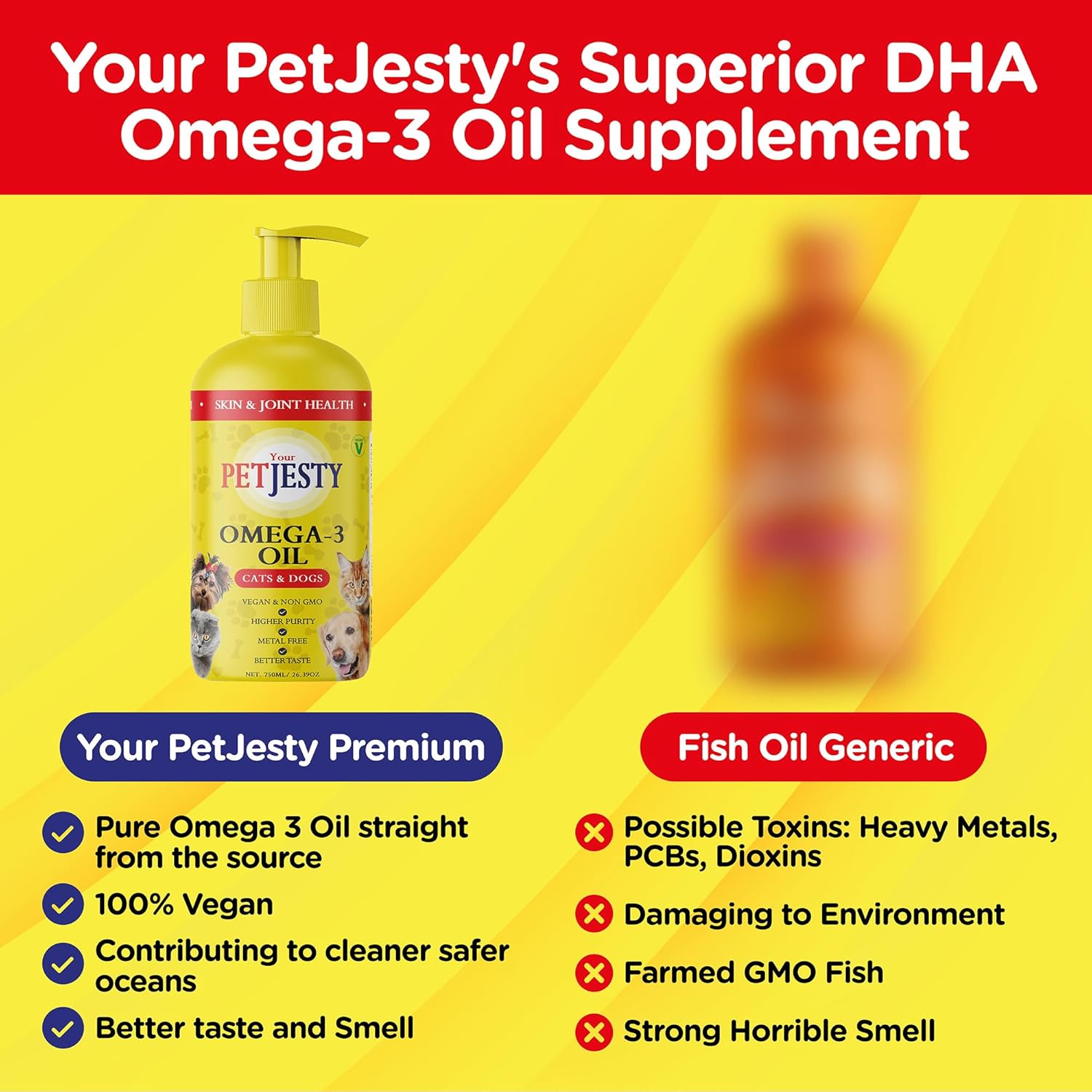 PetJesty Pure Omega 3 Oil for Dogs & Cats - Skin & Coat Support - Liquid Supplement - Vegan DHA for Joint, Immune, & Heart Health - Non Fish Oil