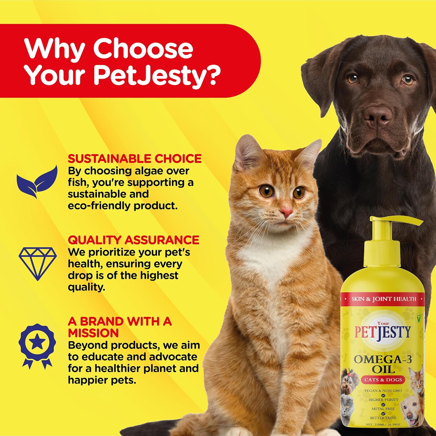 PetJesty Pure Omega 3 Oil for Dogs & Cats - Skin & Coat Support - Liquid Supplement - Vegan DHA for Joint, Immune, & Heart Health - Non Fish Oil