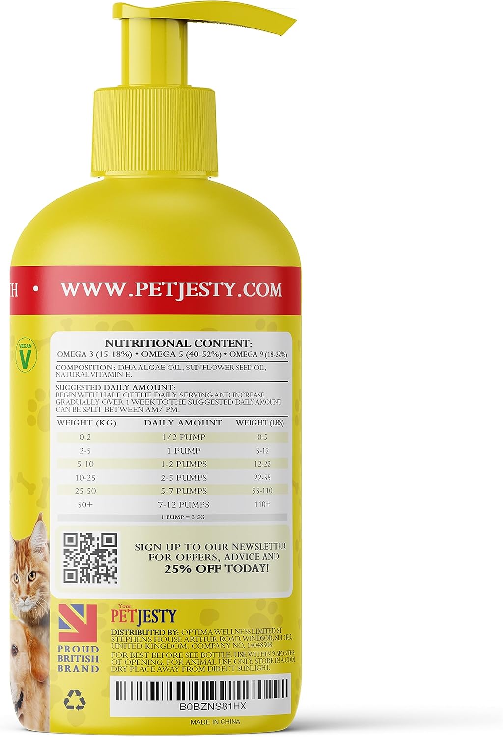 PetJesty Pure Omega 3 Oil for Dogs & Cats - Skin & Coat Support - Liquid Supplement - Vegan DHA for Joint, Immune, & Heart Health - Non Fish Oil