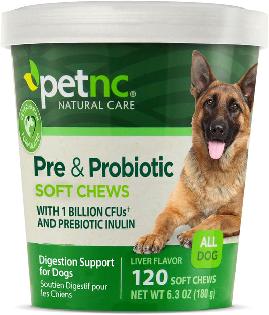 Petnc Natural Care Pre & Probiotics Chews (120 Count) for Digestive Health - Dog Supplement with 1 Billion CFUs & Prebiotic Inulin - Supports Dogs 12 Weeks & Older - Liver Flavor