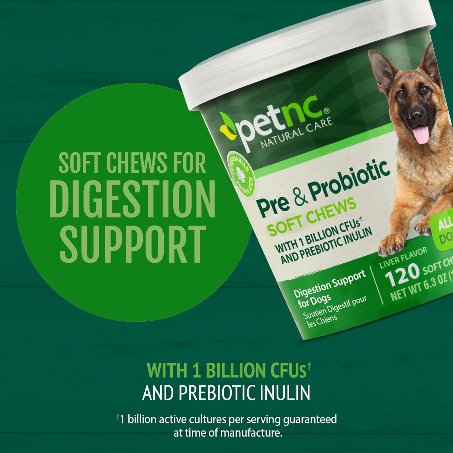 Petnc Natural Care Pre & Probiotics Chews (120 Count) for Digestive Health - Dog Supplement with 1 Billion CFUs & Prebiotic Inulin - Supports Dogs 12 Weeks & Older - Liver Flavor