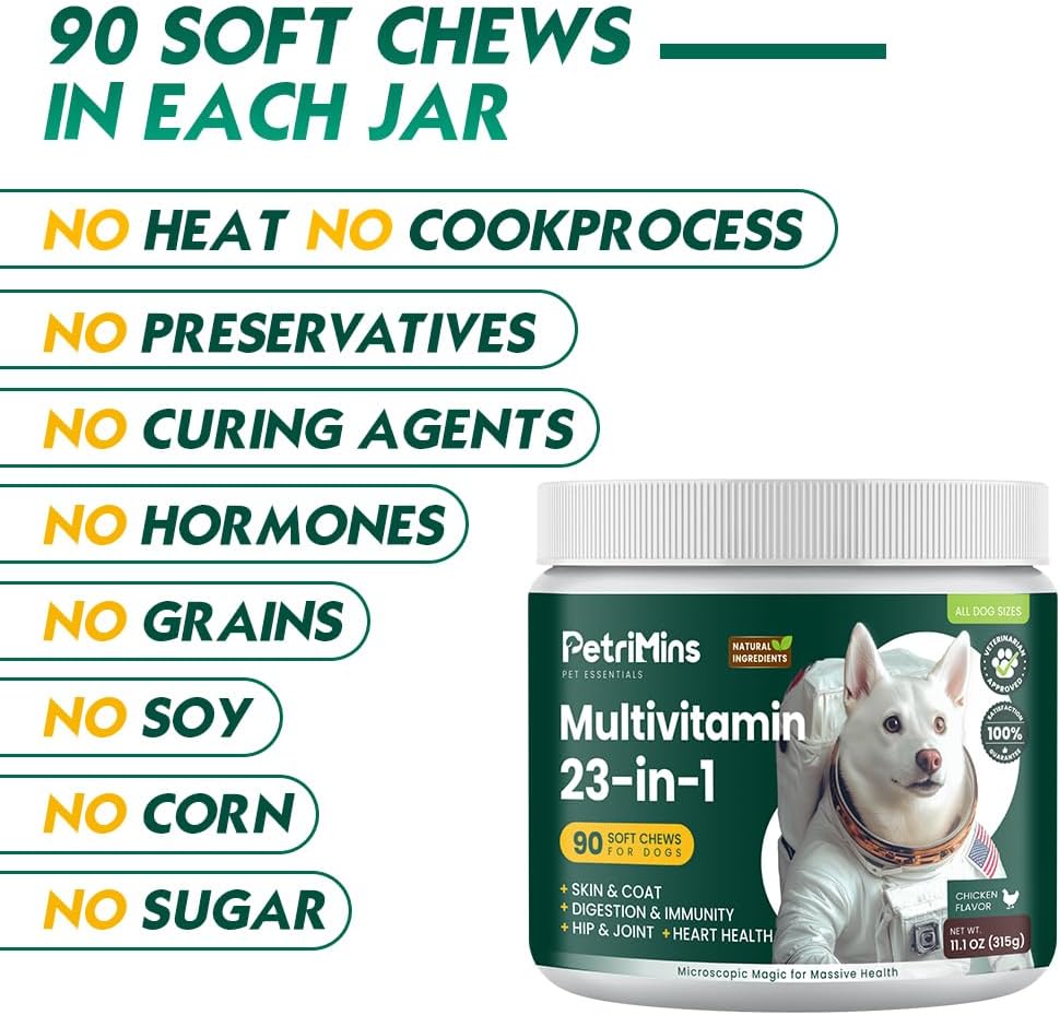 PetriMins 23-in-1 Multivitamin for Dogs, 90-Count, Chicken Flavor, Supports Joint Mobility and Digestive Health