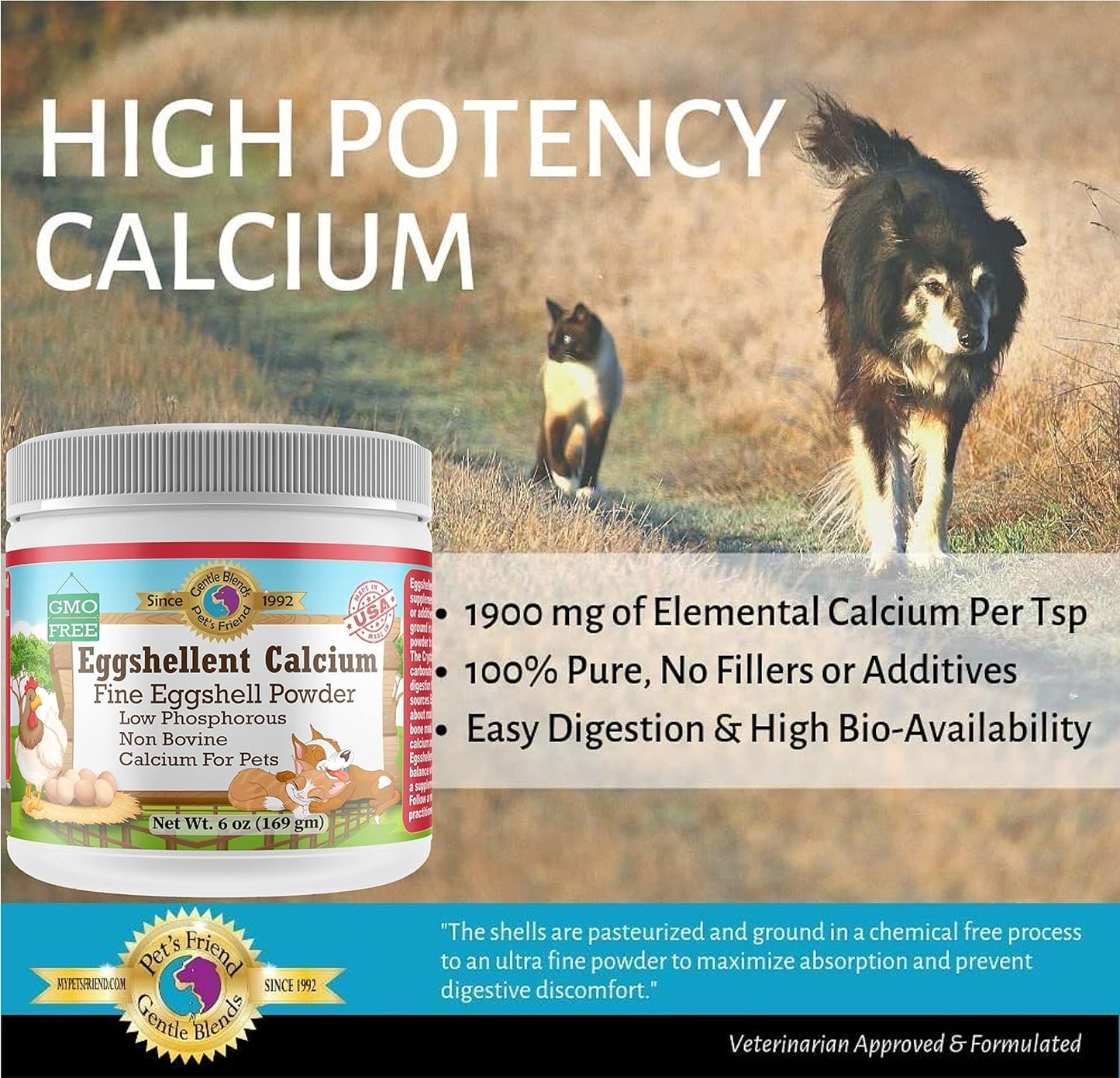 Pet's Friend Eggshellent Calcium 6oz - Calcium Supplement for Dogs and Cats - Natural Hip & Joint Support - Fine Eggshell Powder - No Additives - Dietary Supplement
