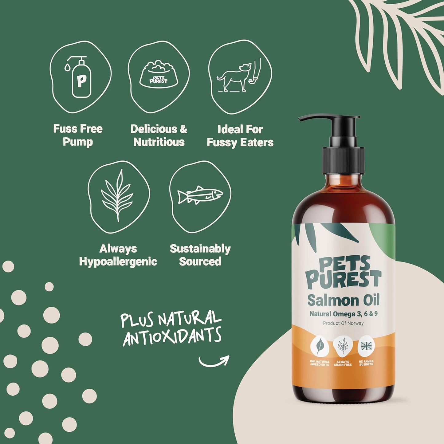 Pets Purest Salmon Oil - 32 Fl Oz - 100% Pure Premium Grade - Natural Omega 3, 6 & 9 Supplement for Dogs, Cats, Horses, Ferrets - Promotes Coat, Skin, Joint, and Brain Health