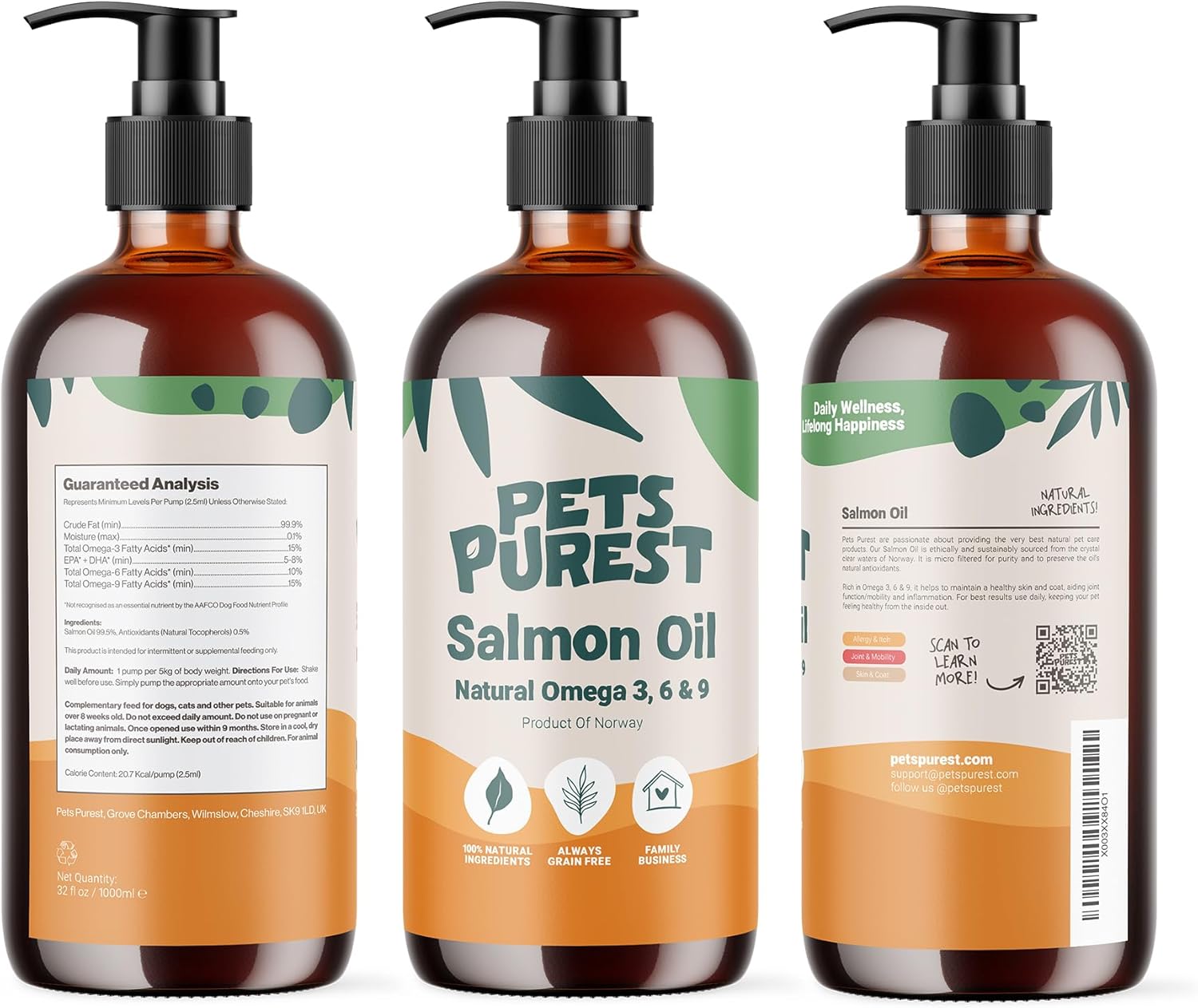 Pets Purest Salmon Oil - 32 Fl Oz - 100% Pure Premium Grade - Natural Omega 3, 6 & 9 Supplement for Dogs, Cats, Horses, Ferrets - Promotes Coat, Skin, Joint, and Brain Health
