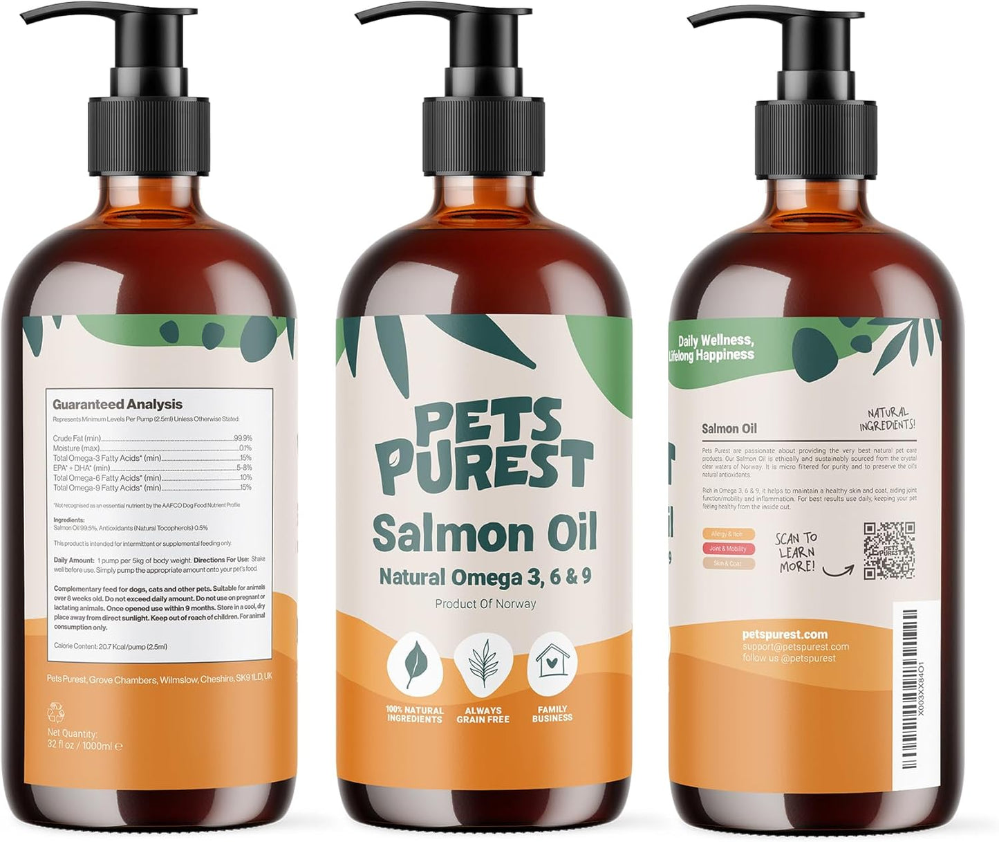 Pets Purest Salmon Oil - 32 Fl Oz - 100% Pure Premium Grade - Natural Omega 3, 6 & 9 Supplement for Dogs, Cats, Horses, Ferrets - Promotes Coat, Skin, Joint, and Brain Health