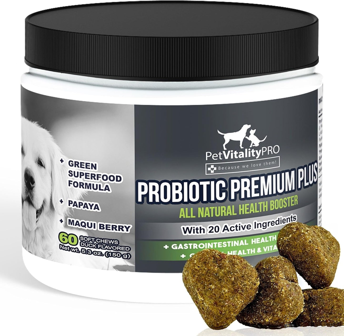 PetVitalityPRO Probiotic Soft Chews for Dogs with Digestive Enzymes - 4 Billion CFUs - Supports Gut Health and Immune System - 60 Count