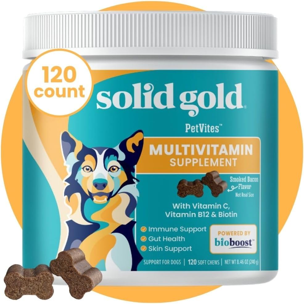 PetVites Solid Gold Multivitamin Chewable Supplement for Dogs - 120 Count - Vitamin C, A, B12, E, Probiotics, Antioxidants - Promotes Immune Health & Digestive Wellness