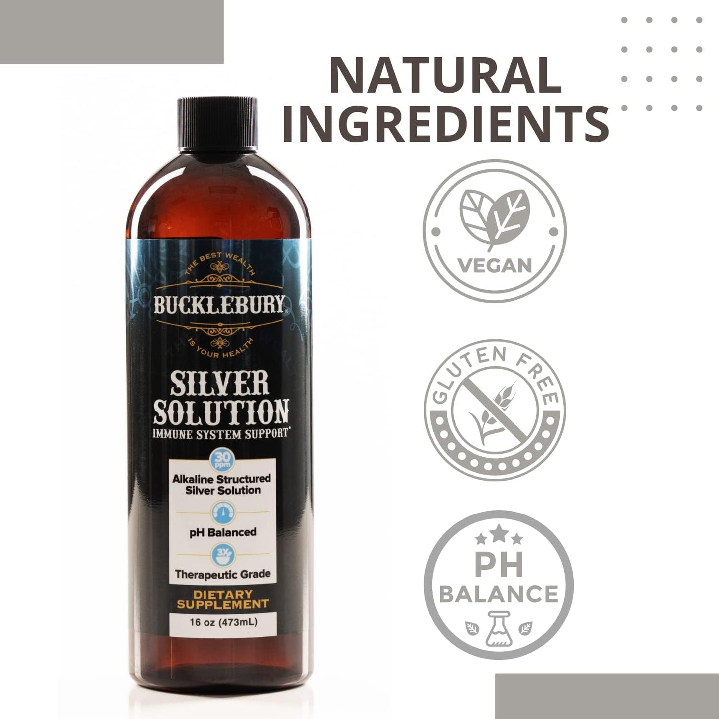 pH Balanced Alkaline Structured Silver Solution for Daily Immune Support - 30ppm, 16 oz Bottle - Gluten Free Formula by BUCKLEBURY
