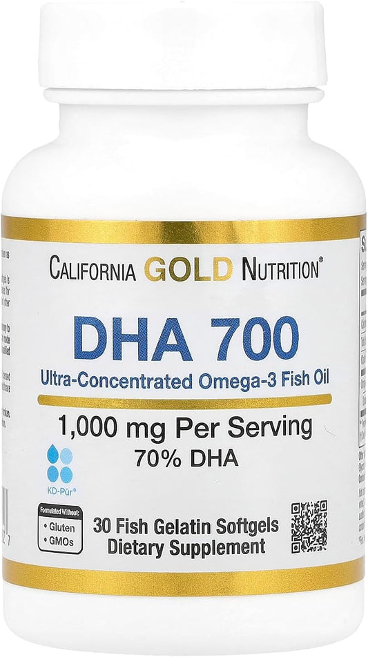 Pharmaceutical Grade DHA 700 Fish Oil Softgels - Brain & Heart Health Support - Gluten Free, Non-GMO - 1000 mg - 30 ct.