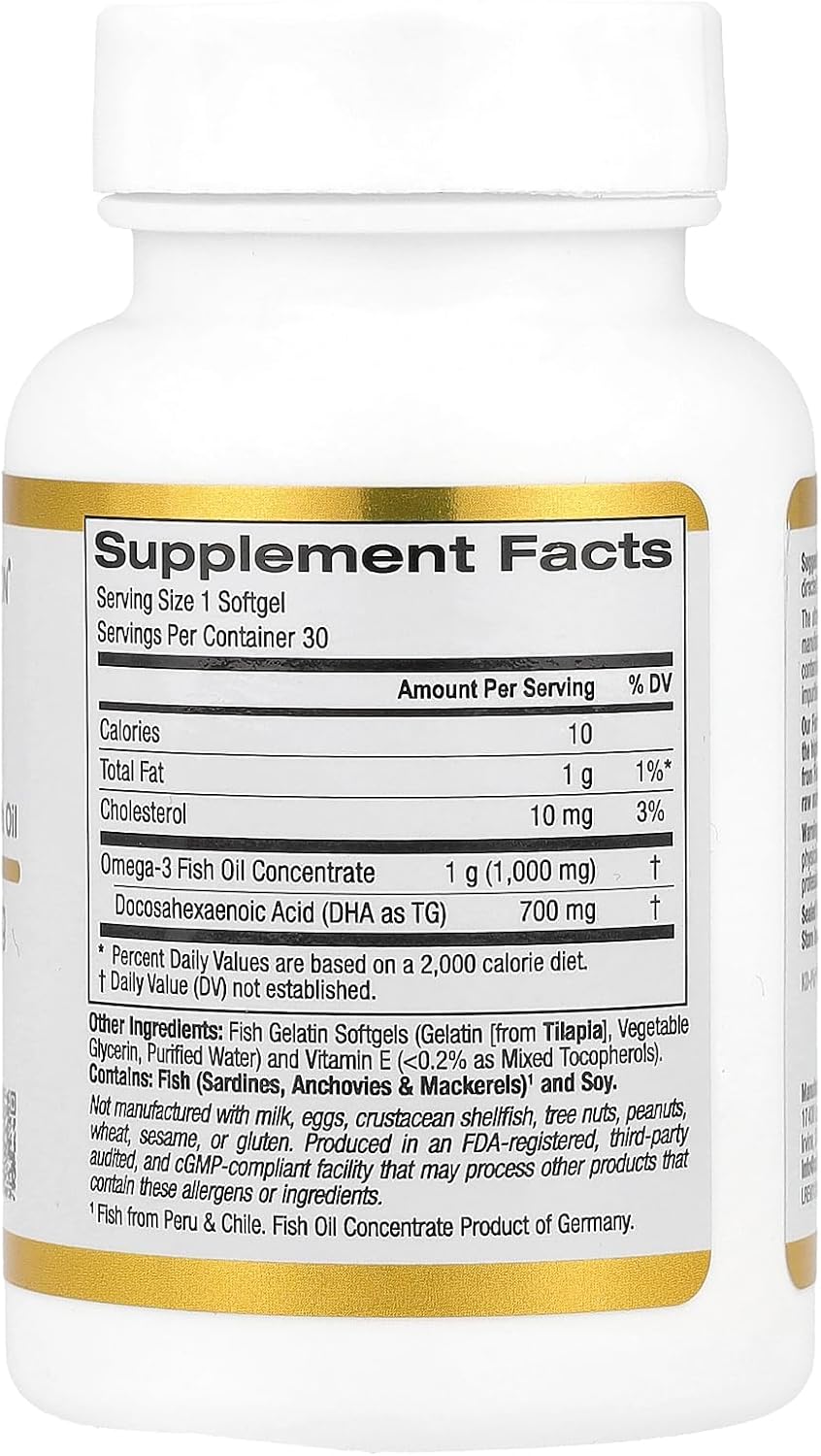 Pharmaceutical Grade DHA 700 Fish Oil Softgels - Brain & Heart Health Support - Gluten Free, Non-GMO - 1000 mg - 30 ct.