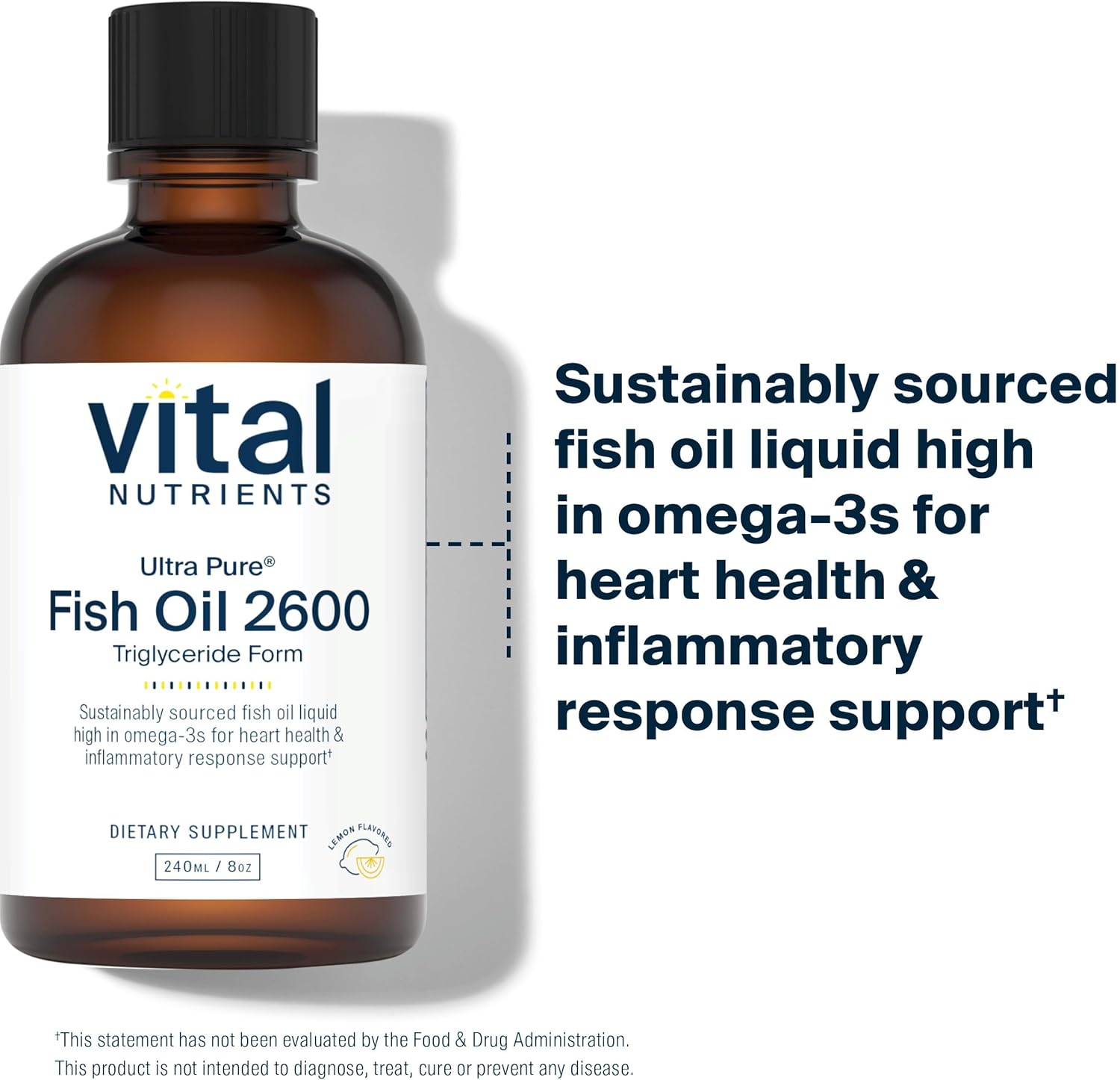 Pharmaceutical Grade Ultra Pure Fish Oil 2600 - Deep Sea Liquid with Natural Lemon Flavor - Cardiovascular Support - 8 Fl Oz