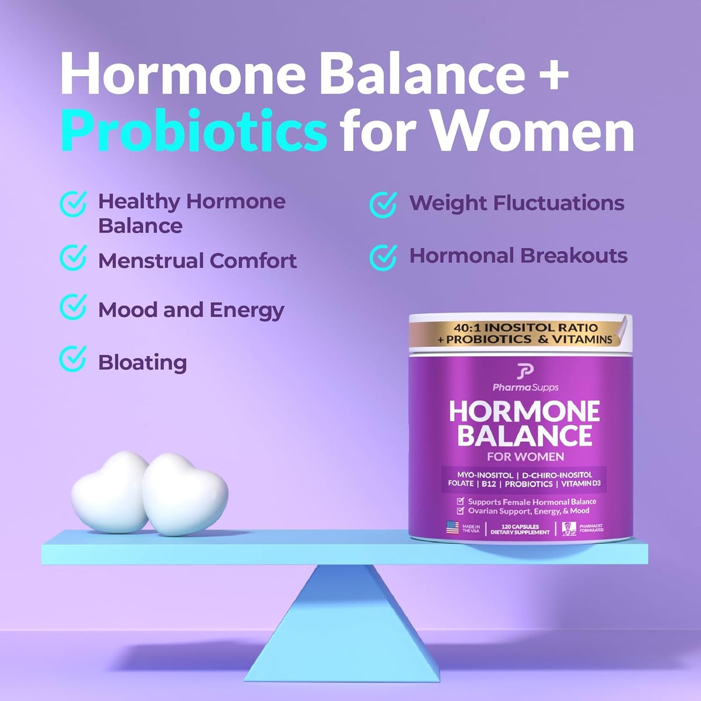 PharmaSupps Women's Hormone Balance Supplement with Myo-Inositol & D-Chiro Inositol - Supports Ovarian Health, Fertility, Menstrual Cycle, and PCOS - 120 Capsules
