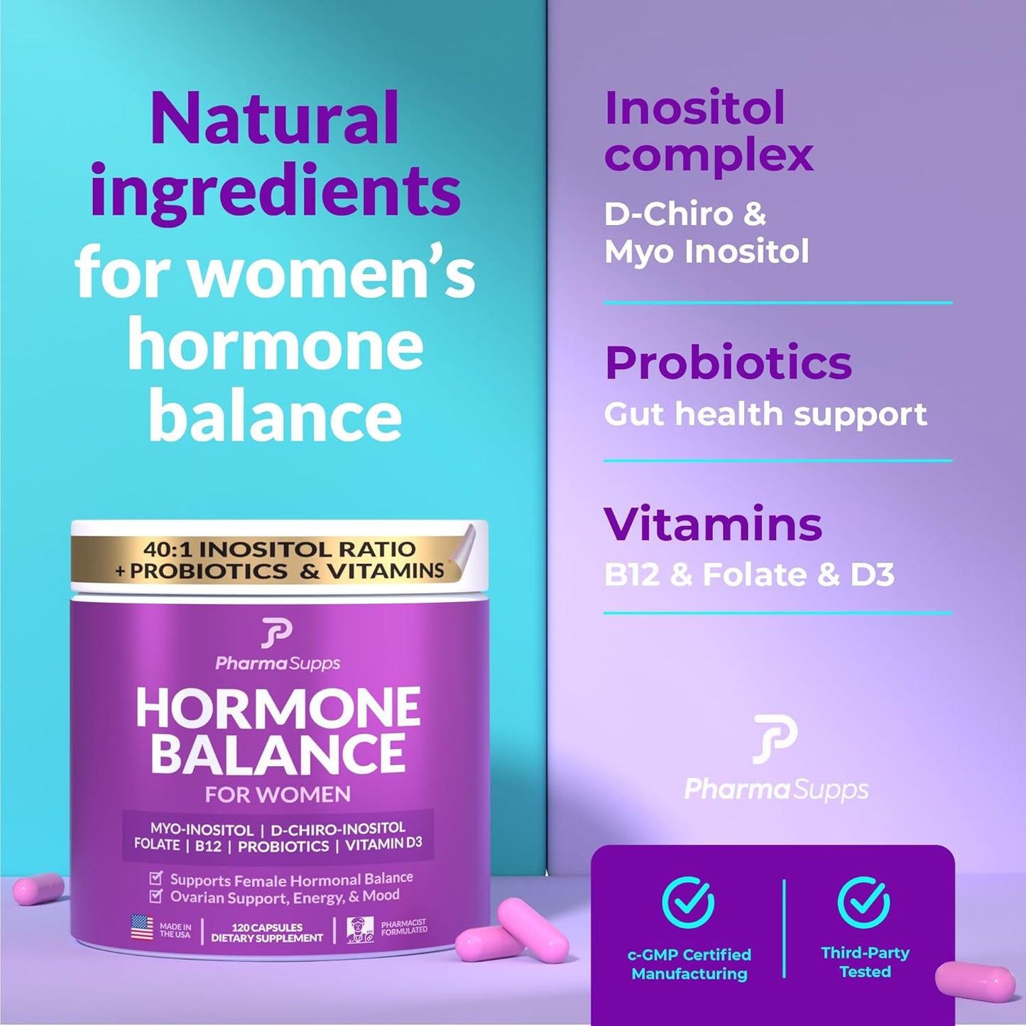 PharmaSupps Women's Hormone Balance Supplement with Myo-Inositol & D-Chiro Inositol - Supports Ovarian Health, Fertility, Menstrual Cycle, and PCOS - 120 Capsules