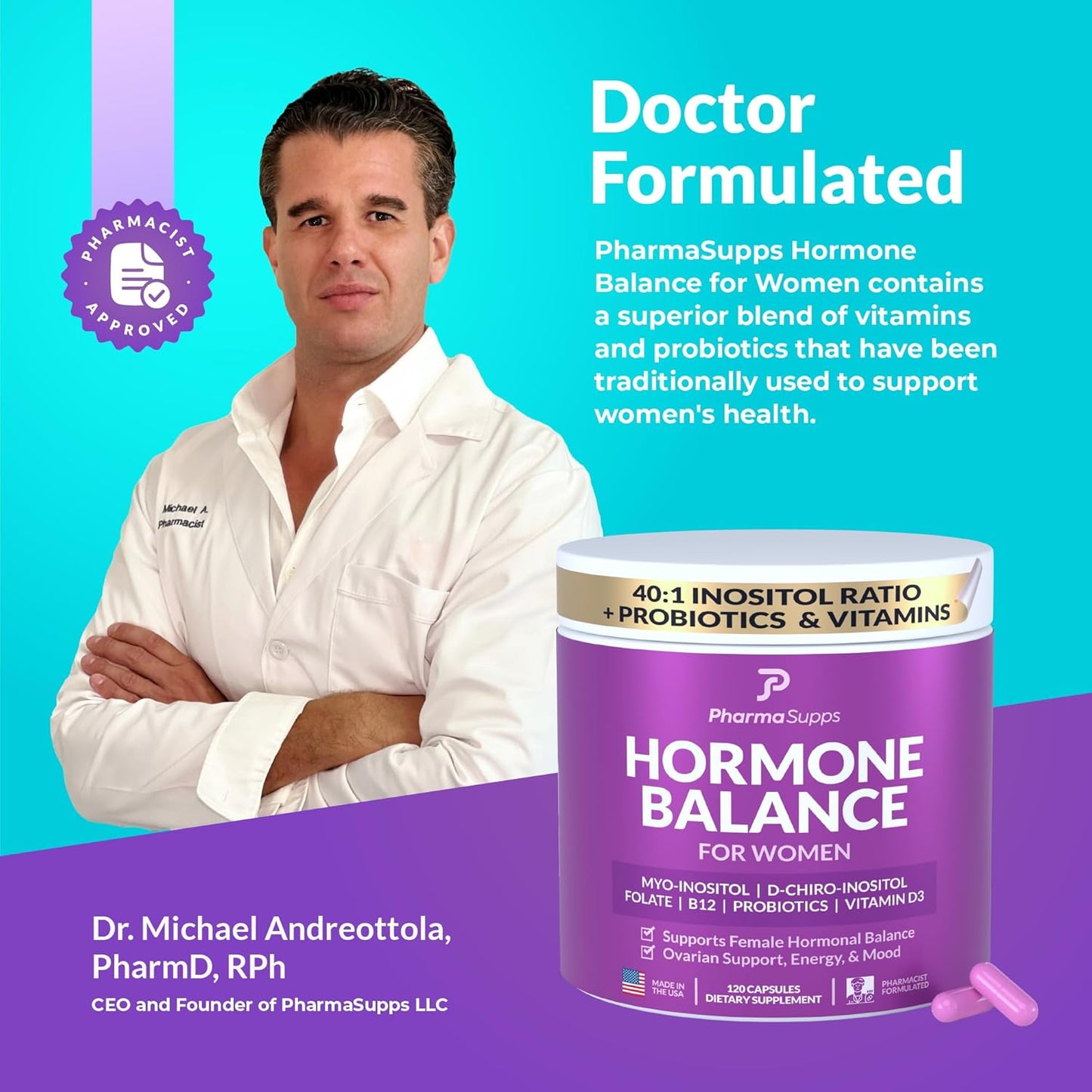 PharmaSupps Women's Hormone Balance Supplement with Myo-Inositol & D-Chiro Inositol - Supports Ovarian Health, Fertility, Menstrual Cycle, and PCOS - 120 Capsules
