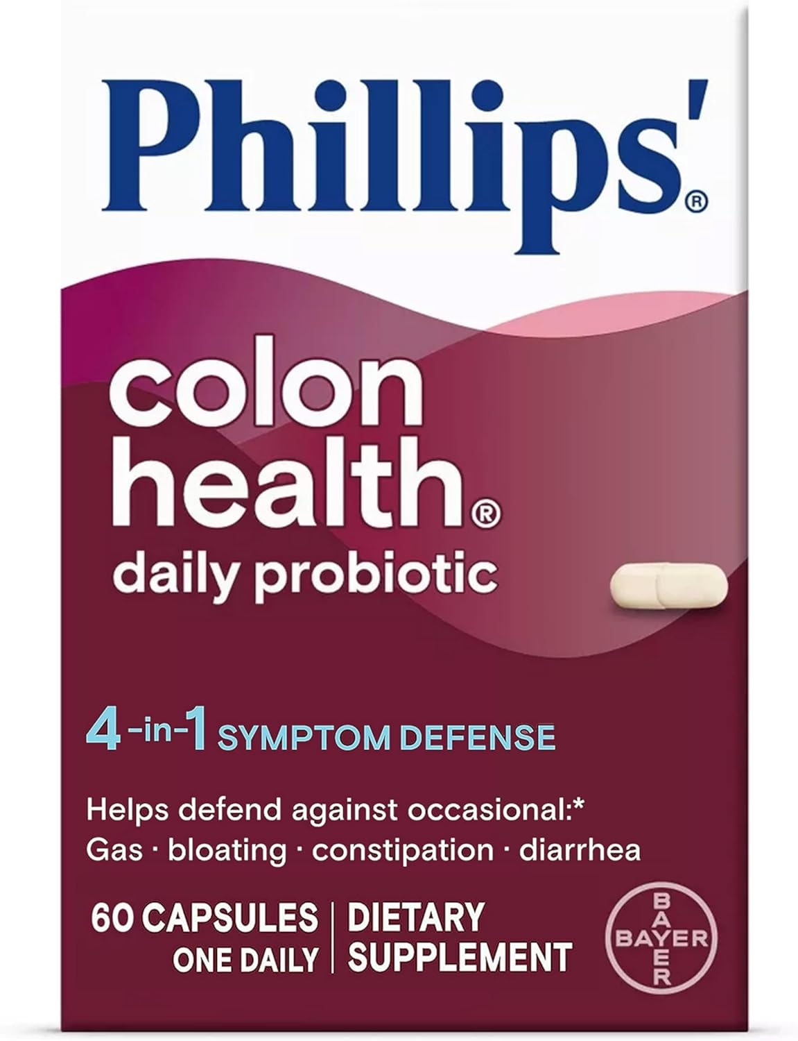 Phillips' Colon Health Probiotic Capsules, 4-in-1 Symptom Defense, 60 Count - Occasional Gas, Bloating, Constipation, Diarrhea