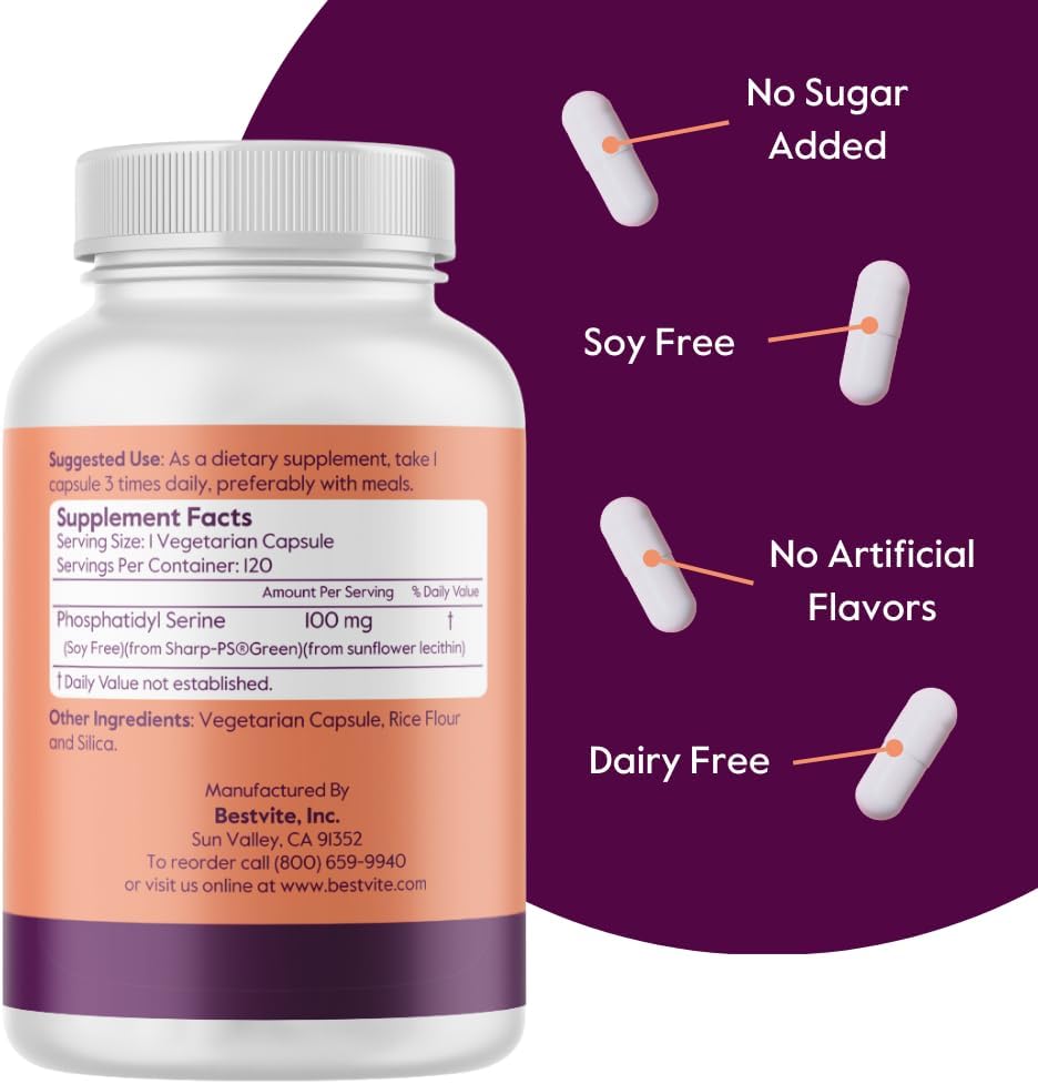 Phosphatidylserine 100mg Capsules (120 Vegetarian) with Sharp-PS® Green - Patented, Clinically Tested, Stearate Free, Soy Free, Gluten Free, Vegan, Non GMO - by BESTVITE