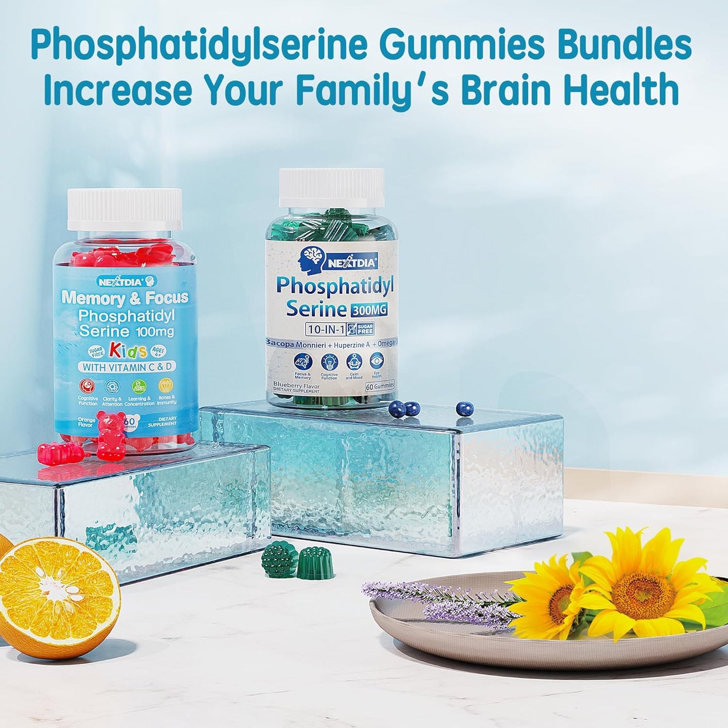 Phosphatidylserine Focus Gummies for Kids & Teens with Vitamin C & D3 - Sugar Free Brain Support, Chewable Vegan Supplement (2 Pack)