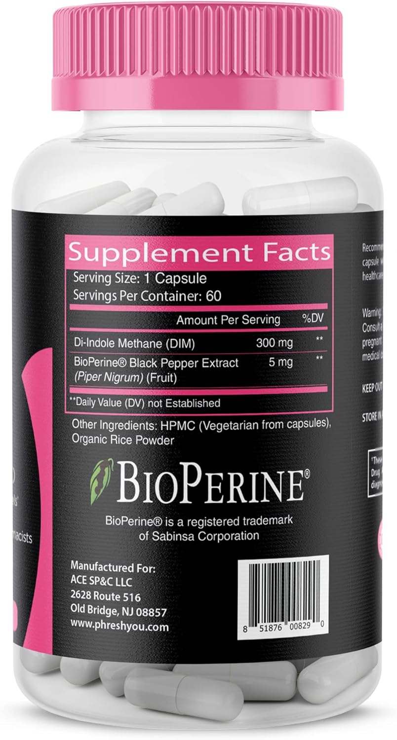 pHresh DIM Supplement for Women and Men - 300mg Estrogen Balance Support with Bioperine - Gluten-Free Diindolylmethane - Hormonal Acne Supplements - Made in USA