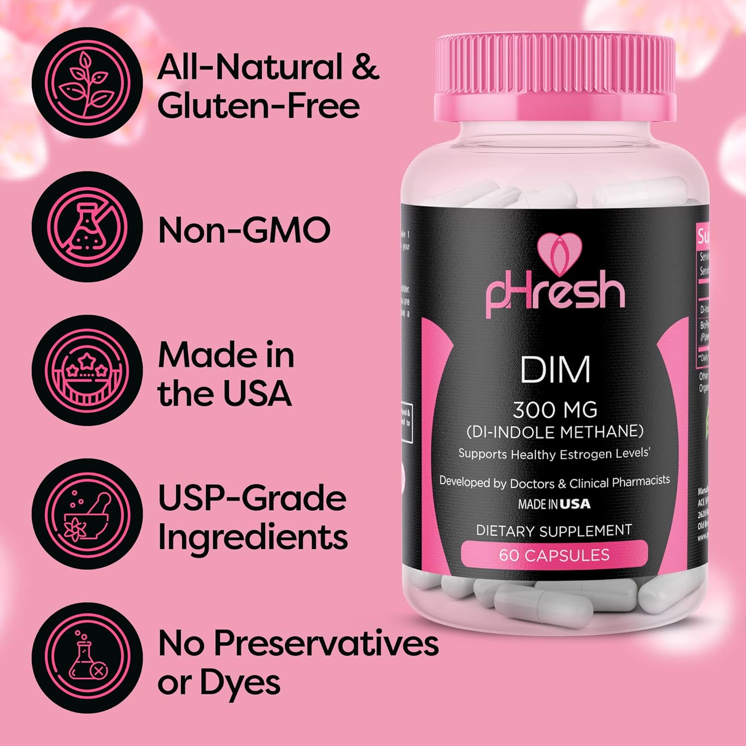 pHresh DIM Supplement for Women and Men - 300mg Estrogen Balance Support with Bioperine - Gluten-Free Diindolylmethane - Hormonal Acne Supplements - Made in USA