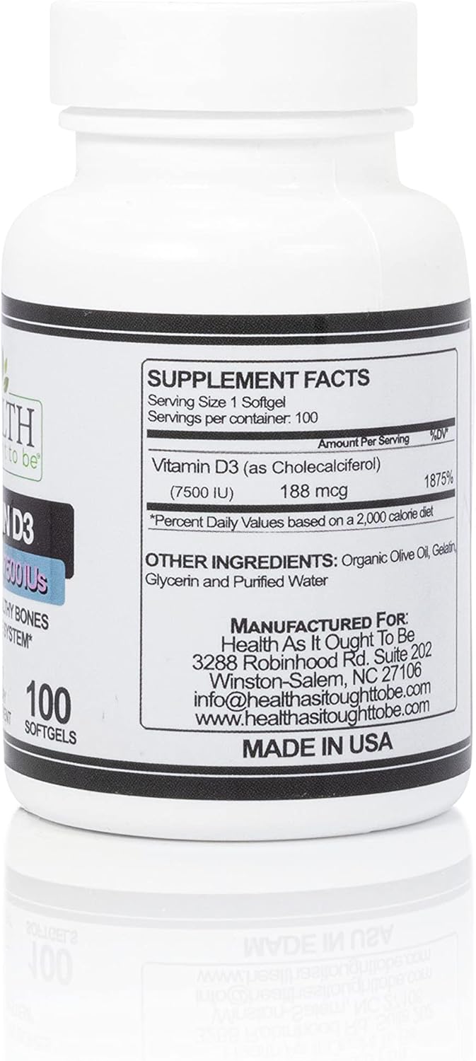 Physician Formulated Vitamin D|3 7500 IUs Supplement for Healthy Bones & Immune System | 100 Softgels