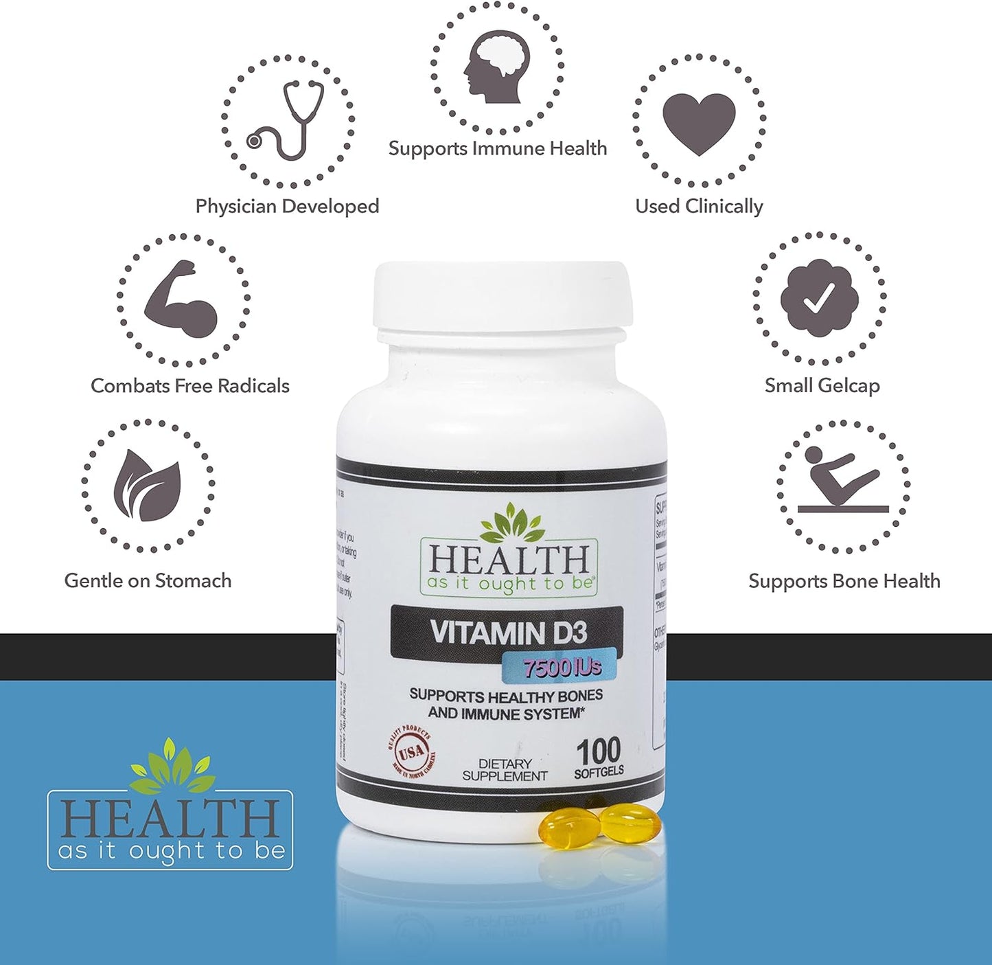 Physician Formulated Vitamin D|3 7500 IUs Supplement for Healthy Bones & Immune System | 100 Softgels