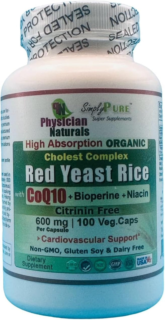 Physician Naturals Organic Red Yeast Rice with CoEnzyme Q10 and Piperine 600mg - High Absorption - 100 Veg Capsules - 1200mg per Serving