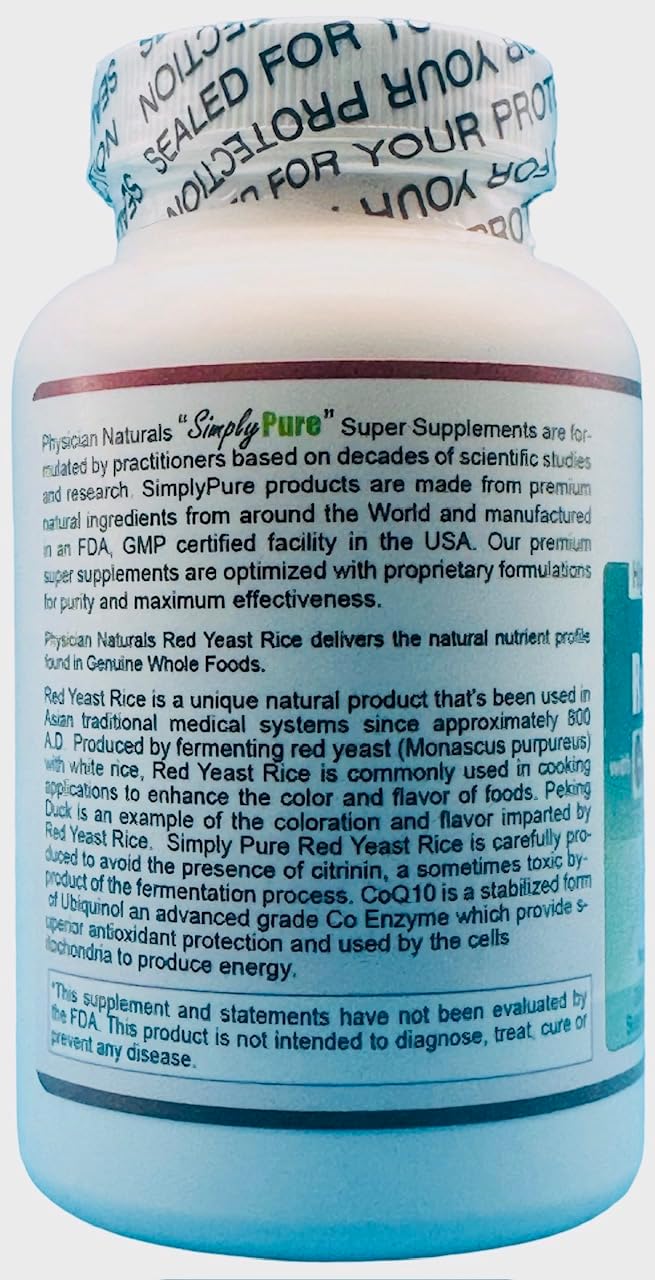 Physician Naturals Organic Red Yeast Rice with CoEnzyme Q10 and Piperine 600mg - High Absorption - 100 Veg Capsules - 1200mg per Serving